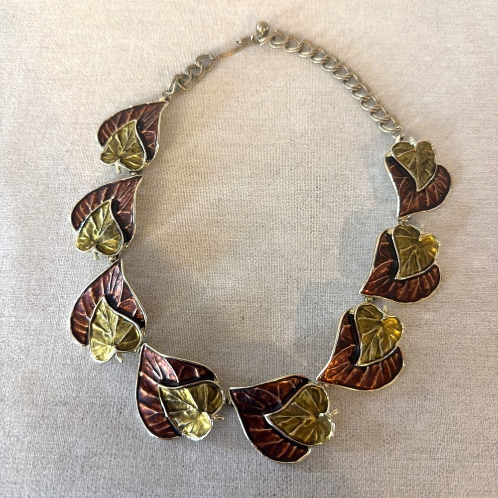 Vintage Choker Style Necklace w/Enamel Leaves - Copper/Gold Tone Colors